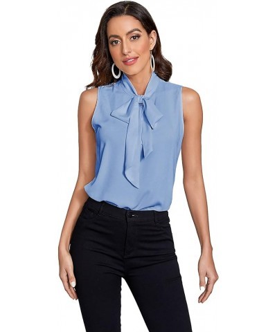 Women's Tie Bow Neck Sleeveless Chiffon Solid Blouse Top Blue $16.42 Blouses