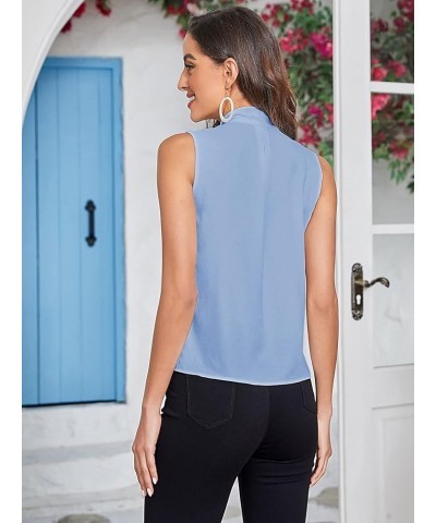 Women's Tie Bow Neck Sleeveless Chiffon Solid Blouse Top Blue $16.42 Blouses