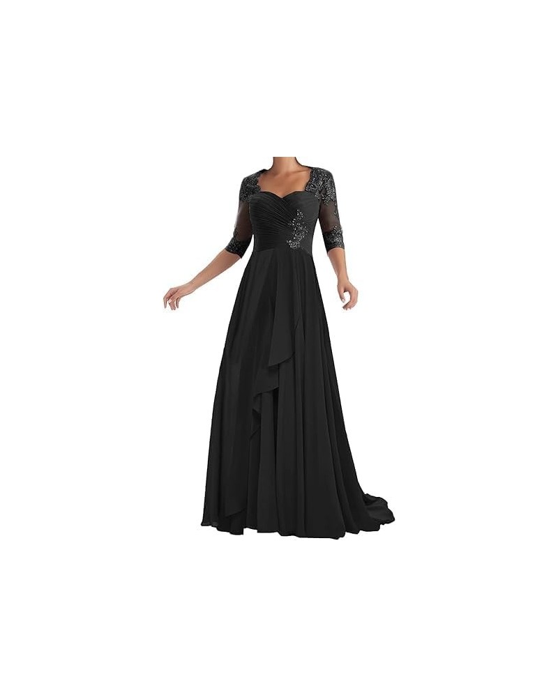 Long Mother of The Bride Dresses with Sleeve Chiffon Lace Applique A-Line Formal Evening Dresses Wedding Guest Black $45.37 D...