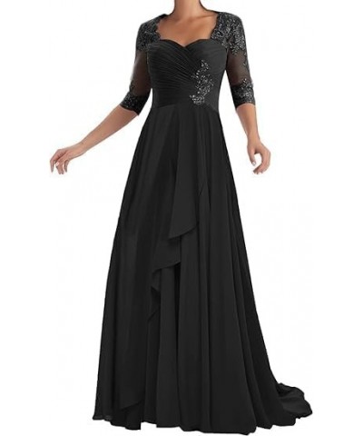 Long Mother of The Bride Dresses with Sleeve Chiffon Lace Applique A-Line Formal Evening Dresses Wedding Guest Black $45.37 D...