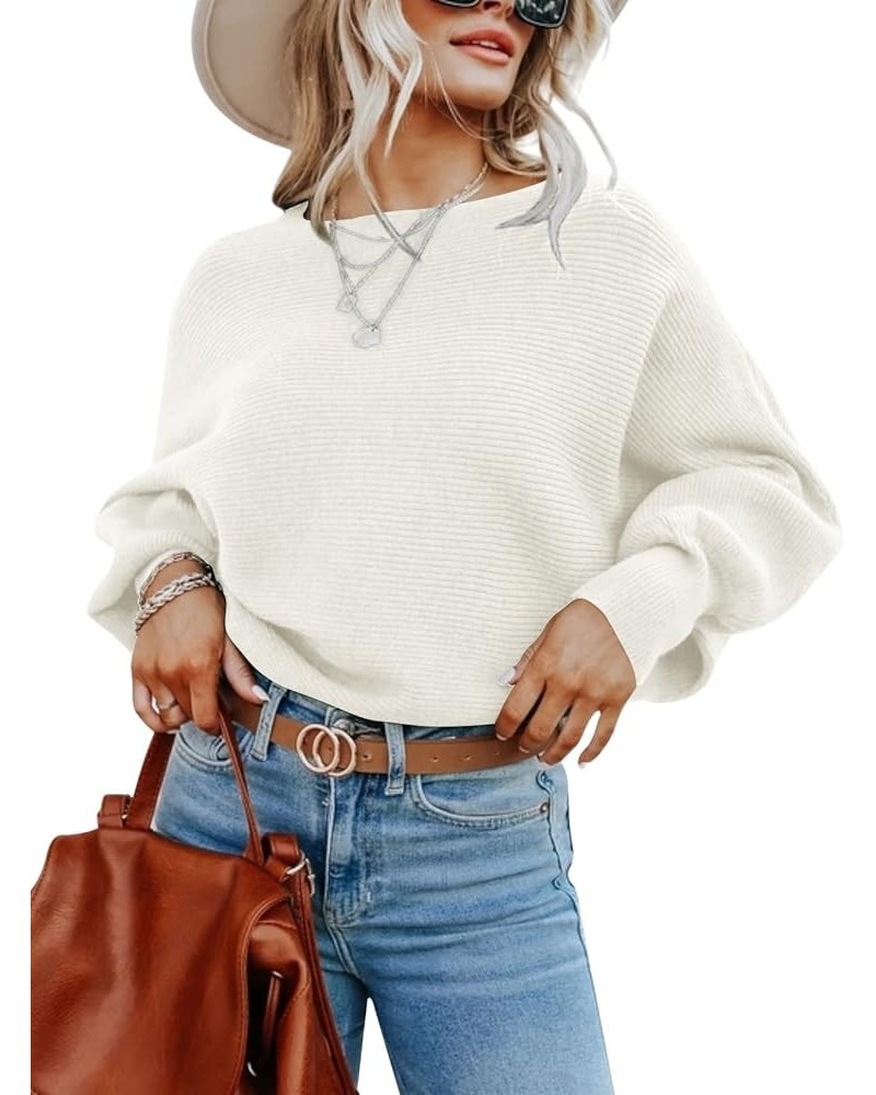 Women's 2023 Fall Sweaters Long Balloon Sleeve Boat Neck Knit Pullover Jumper White $10.12 Sweaters