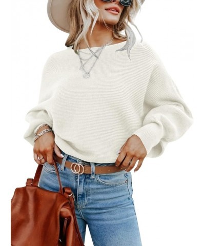 Women's 2023 Fall Sweaters Long Balloon Sleeve Boat Neck Knit Pullover Jumper White $10.12 Sweaters