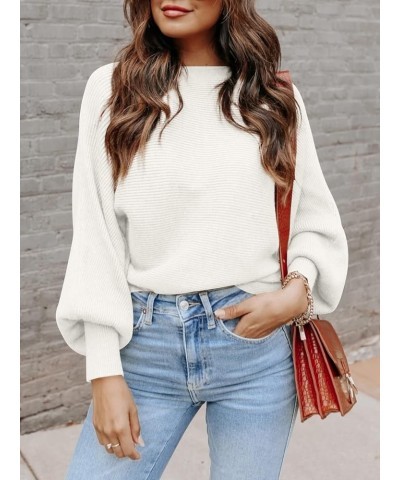 Women's 2023 Fall Sweaters Long Balloon Sleeve Boat Neck Knit Pullover Jumper White $10.12 Sweaters