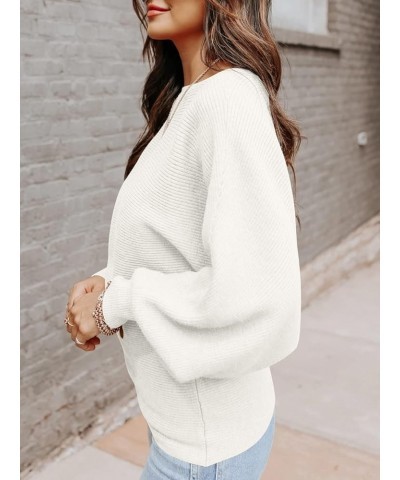 Women's 2023 Fall Sweaters Long Balloon Sleeve Boat Neck Knit Pullover Jumper White $10.12 Sweaters