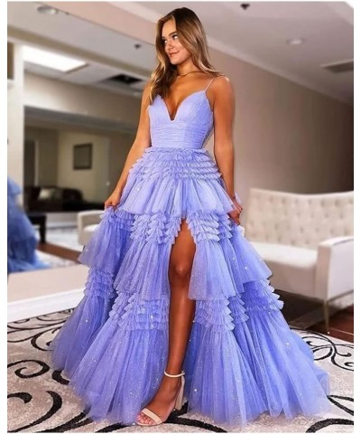 Spaghetti Straps Prom Dresses with Slit 2023 Sparkly Tulle Dress V Neck Formal Dresses for Women Evening CXL075 Voilet $54.05...