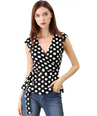 Women's Chrismas Sleeveless Elegant V Neck Self Tie Front Polka Dots Wrap Top Black White $10.39 Vests