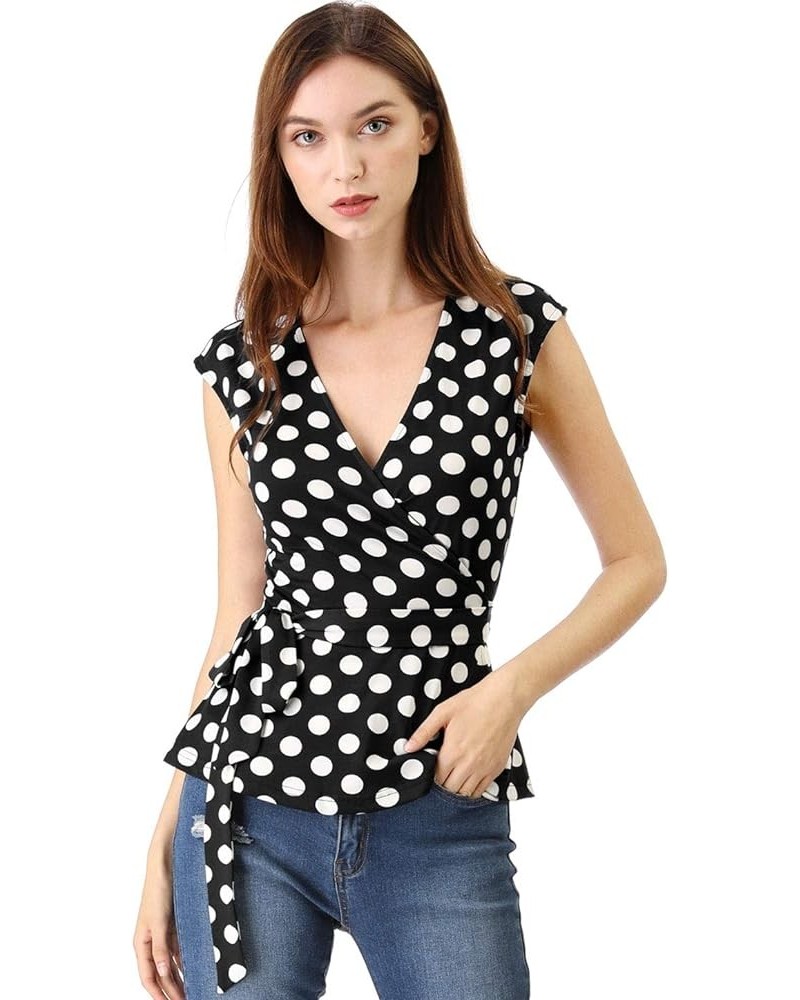 Women's Chrismas Sleeveless Elegant V Neck Self Tie Front Polka Dots Wrap Top Black White $10.39 Vests