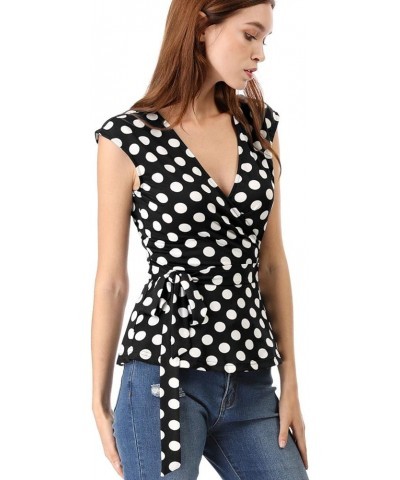 Women's Chrismas Sleeveless Elegant V Neck Self Tie Front Polka Dots Wrap Top Black White $10.39 Vests