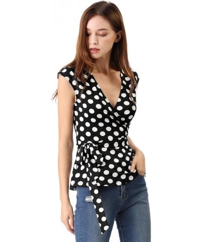 Women's Chrismas Sleeveless Elegant V Neck Self Tie Front Polka Dots Wrap Top Black White $10.39 Vests