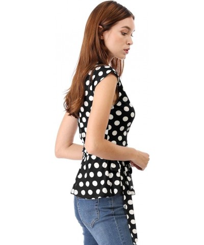 Women's Chrismas Sleeveless Elegant V Neck Self Tie Front Polka Dots Wrap Top Black White $10.39 Vests