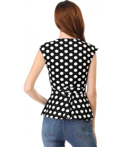 Women's Chrismas Sleeveless Elegant V Neck Self Tie Front Polka Dots Wrap Top Black White $10.39 Vests