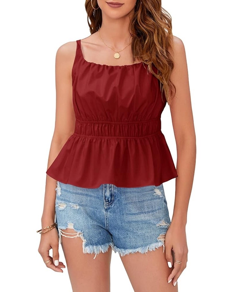 Summer Peplum Tank Tops for Women Cute Square Neck Sleeveless Pleated Shirt Cropped Spaghetti Strap Camisole Tops Burgundy $1...