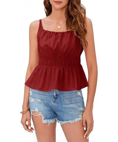 Summer Peplum Tank Tops for Women Cute Square Neck Sleeveless Pleated Shirt Cropped Spaghetti Strap Camisole Tops Burgundy $1...