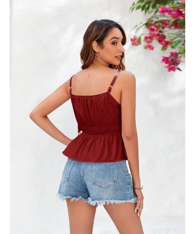 Summer Peplum Tank Tops for Women Cute Square Neck Sleeveless Pleated Shirt Cropped Spaghetti Strap Camisole Tops Burgundy $1...