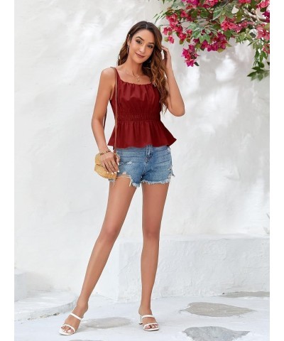 Summer Peplum Tank Tops for Women Cute Square Neck Sleeveless Pleated Shirt Cropped Spaghetti Strap Camisole Tops Burgundy $1...