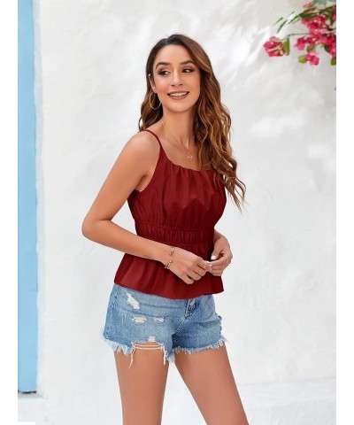 Summer Peplum Tank Tops for Women Cute Square Neck Sleeveless Pleated Shirt Cropped Spaghetti Strap Camisole Tops Burgundy $1...