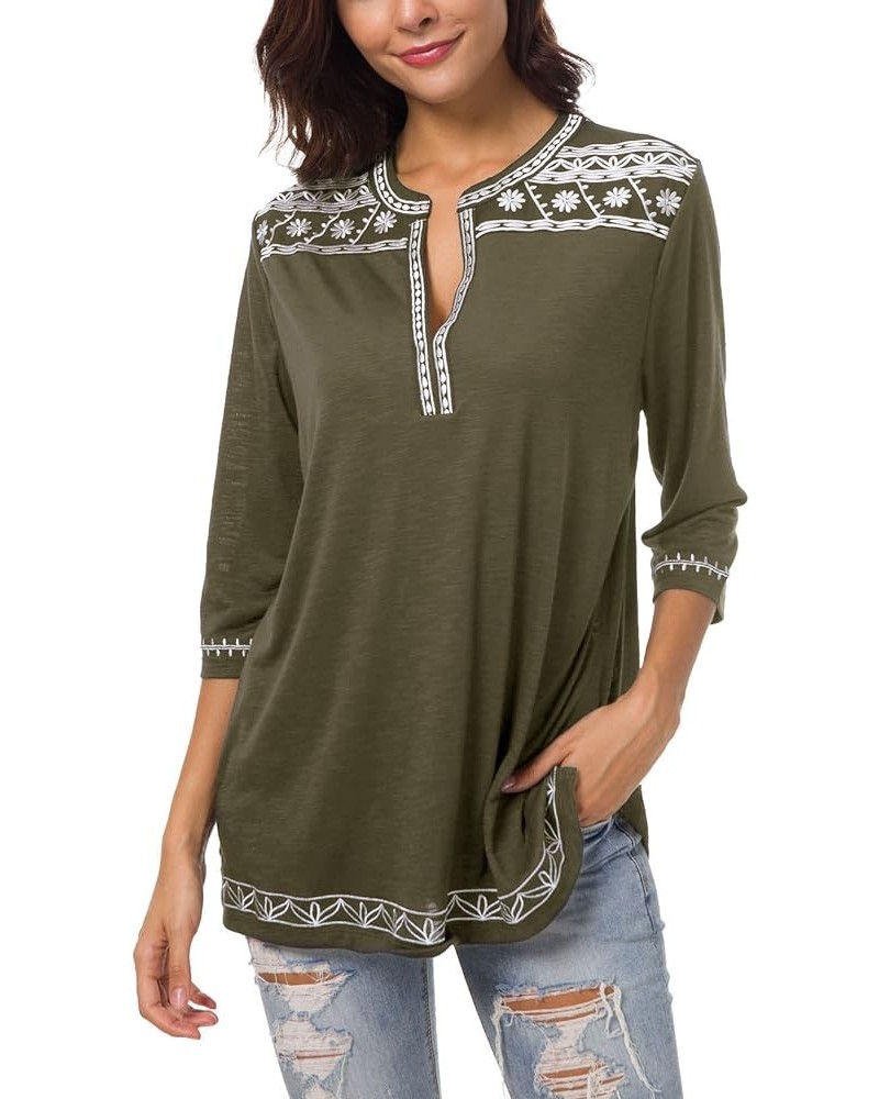 Women's 3/4 Sleeve Boho Shirts Embroidered Peasant Top Olive $12.24 Blouses