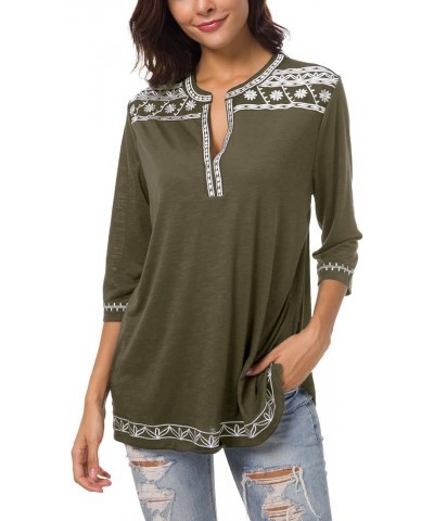 Women's 3/4 Sleeve Boho Shirts Embroidered Peasant Top Olive $12.24 Blouses