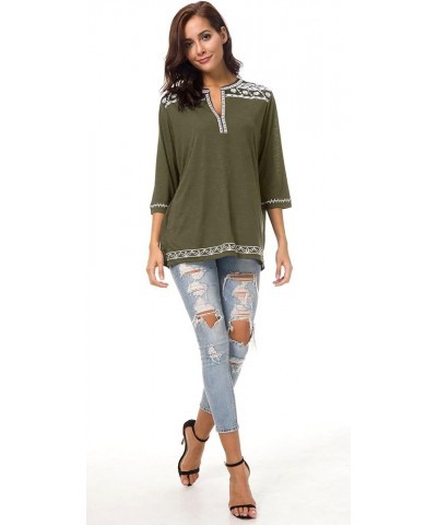 Women's 3/4 Sleeve Boho Shirts Embroidered Peasant Top Olive $12.24 Blouses