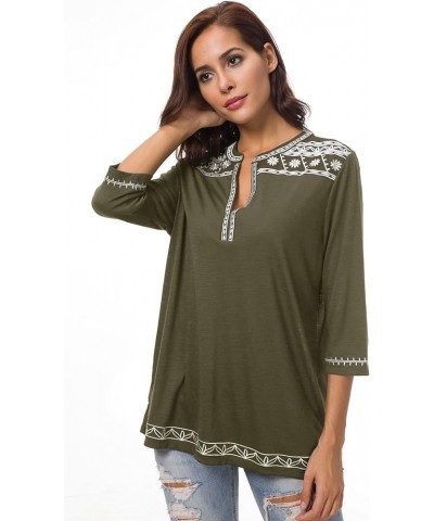 Women's 3/4 Sleeve Boho Shirts Embroidered Peasant Top Olive $12.24 Blouses