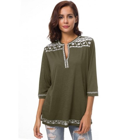 Women's 3/4 Sleeve Boho Shirts Embroidered Peasant Top Olive $12.24 Blouses