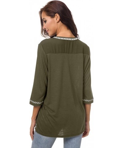 Women's 3/4 Sleeve Boho Shirts Embroidered Peasant Top Olive $12.24 Blouses