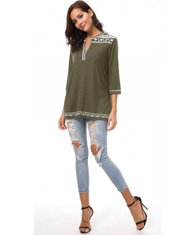 Women's 3/4 Sleeve Boho Shirts Embroidered Peasant Top Olive $12.24 Blouses