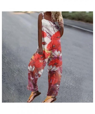 Summer Linen Overalls for Women Plus Size Fit Casual Floral Printed High Waist Wide Leg Boho Overall Linen Jumpsuits 39-red $...