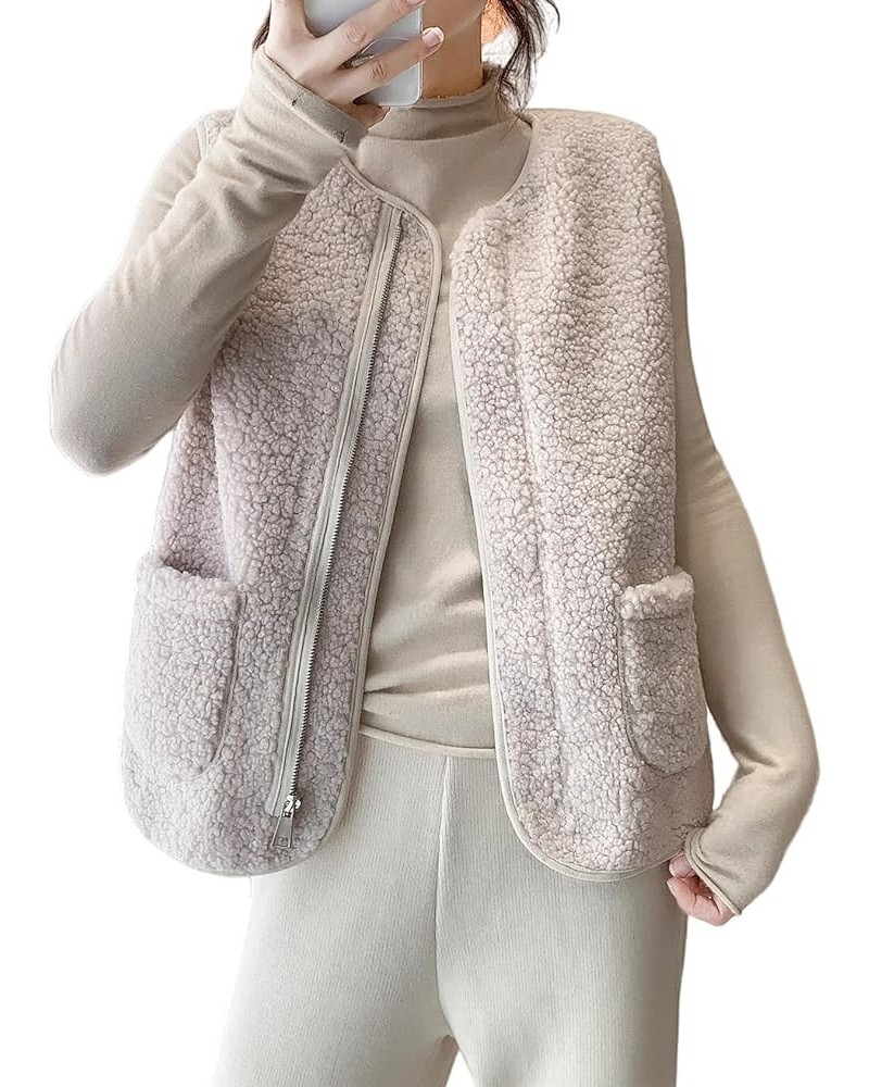 Womens Winter Warm Collarless Full Zip Fuzzy Fleece Sherpa Vest with Pockets Beige $18.53 Vests