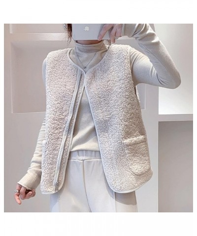 Womens Winter Warm Collarless Full Zip Fuzzy Fleece Sherpa Vest with Pockets Beige $18.53 Vests