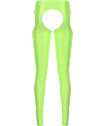 Women Sexy Hollow Out Stretchy Open Crotch Leggings Glossy Skinny High Elastic Pencil Pants Fluorescent Green $14.39 Leggings