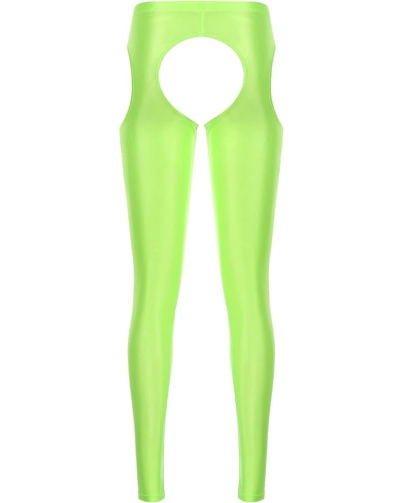 Women Sexy Hollow Out Stretchy Open Crotch Leggings Glossy Skinny High Elastic Pencil Pants Fluorescent Green $14.39 Leggings