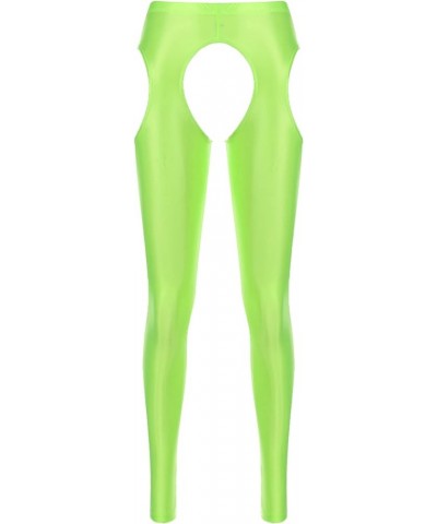 Women Sexy Hollow Out Stretchy Open Crotch Leggings Glossy Skinny High Elastic Pencil Pants Fluorescent Green $14.39 Leggings