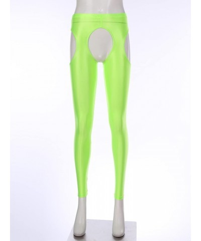 Women Sexy Hollow Out Stretchy Open Crotch Leggings Glossy Skinny High Elastic Pencil Pants Fluorescent Green $14.39 Leggings