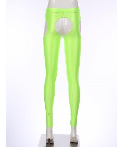 Women Sexy Hollow Out Stretchy Open Crotch Leggings Glossy Skinny High Elastic Pencil Pants Fluorescent Green $14.39 Leggings