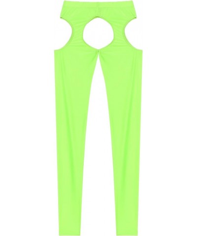 Women Sexy Hollow Out Stretchy Open Crotch Leggings Glossy Skinny High Elastic Pencil Pants Fluorescent Green $14.39 Leggings