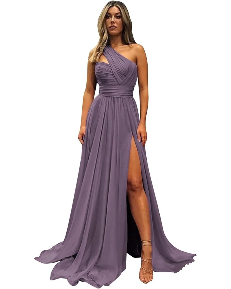 Women's One Shoulder Bridesmaid Dresses Long Slit Formal Evening Party Gowns with Pockets Wisteria $34.30 Dresses