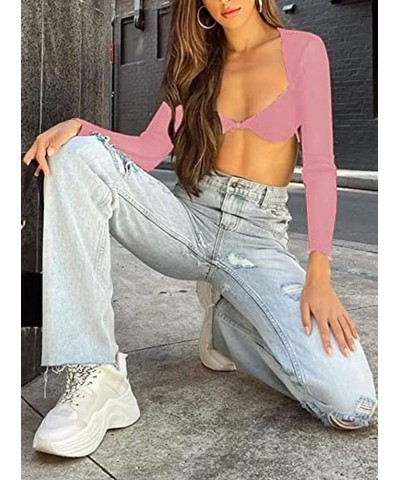 Women's Sexy Sweetheart Neck Sheer Mesh Long Sleeve Crop Top T-Shirt Light Pink $15.20 T-Shirts