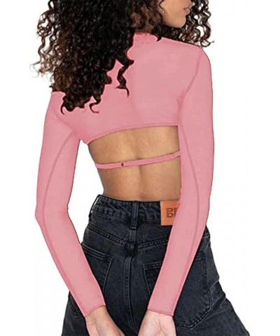 Women's Sexy Sweetheart Neck Sheer Mesh Long Sleeve Crop Top T-Shirt Light Pink $15.20 T-Shirts