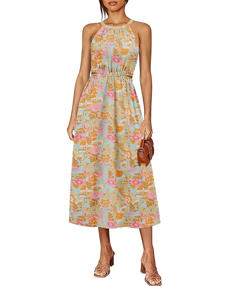 Womens Summer Dresses Maxi Sundress Halter Neck Sleeveless Cutout A-Line Dress S-XXL 07-grey Green Floral $14.49 Dresses