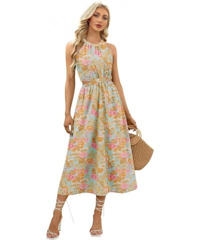 Womens Summer Dresses Maxi Sundress Halter Neck Sleeveless Cutout A-Line Dress S-XXL 07-grey Green Floral $14.49 Dresses