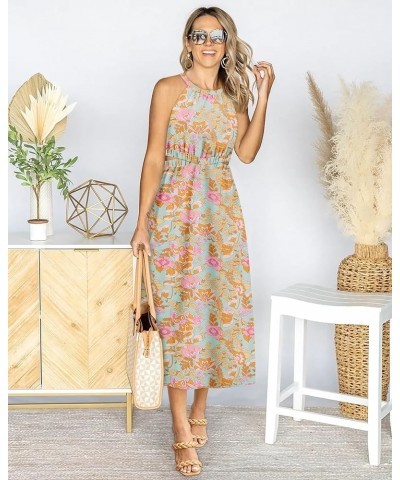 Womens Summer Dresses Maxi Sundress Halter Neck Sleeveless Cutout A-Line Dress S-XXL 07-grey Green Floral $14.49 Dresses