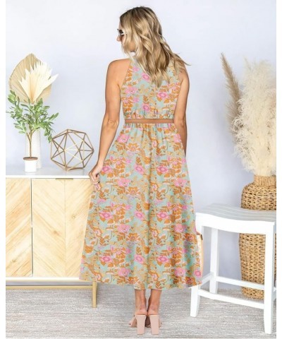 Womens Summer Dresses Maxi Sundress Halter Neck Sleeveless Cutout A-Line Dress S-XXL 07-grey Green Floral $14.49 Dresses