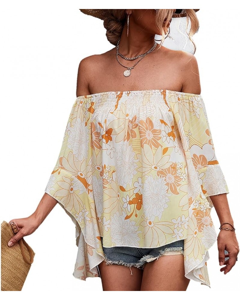 Womens Floral Print Tops Off The Shoulder Bell Sleeves Summer High Low Hem Casual Loose Shirt Blouse Yellow $8.95 Blouses