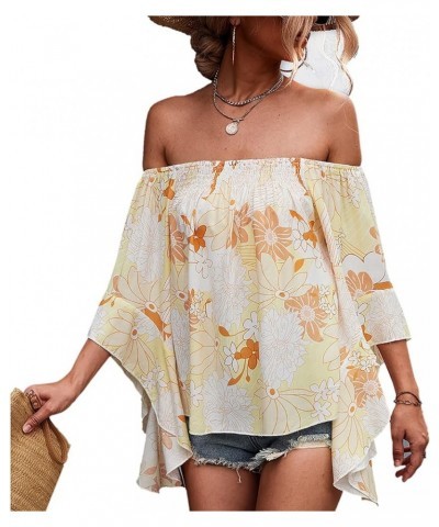 Womens Floral Print Tops Off The Shoulder Bell Sleeves Summer High Low Hem Casual Loose Shirt Blouse Yellow $8.95 Blouses