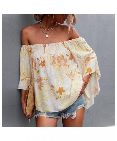 Womens Floral Print Tops Off The Shoulder Bell Sleeves Summer High Low Hem Casual Loose Shirt Blouse Yellow $8.95 Blouses