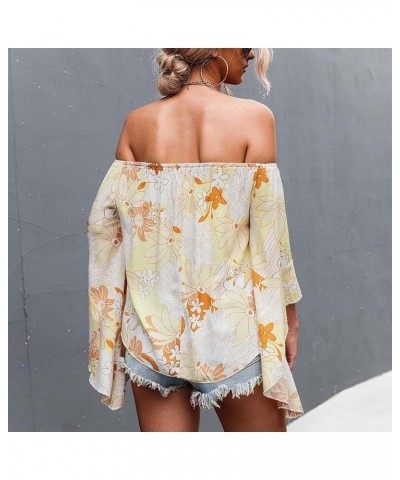 Womens Floral Print Tops Off The Shoulder Bell Sleeves Summer High Low Hem Casual Loose Shirt Blouse Yellow $8.95 Blouses