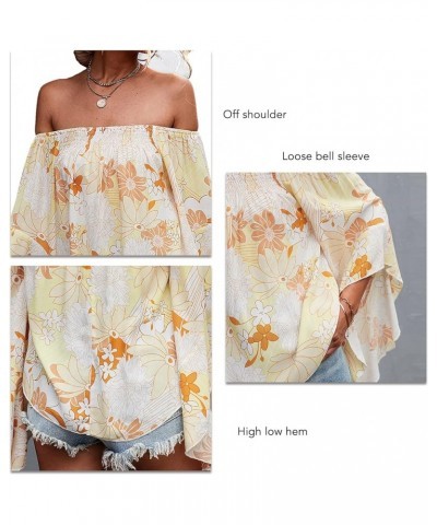 Womens Floral Print Tops Off The Shoulder Bell Sleeves Summer High Low Hem Casual Loose Shirt Blouse Yellow $8.95 Blouses