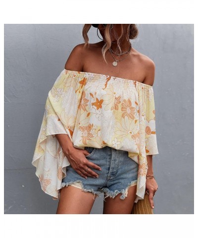 Womens Floral Print Tops Off The Shoulder Bell Sleeves Summer High Low Hem Casual Loose Shirt Blouse Yellow $8.95 Blouses