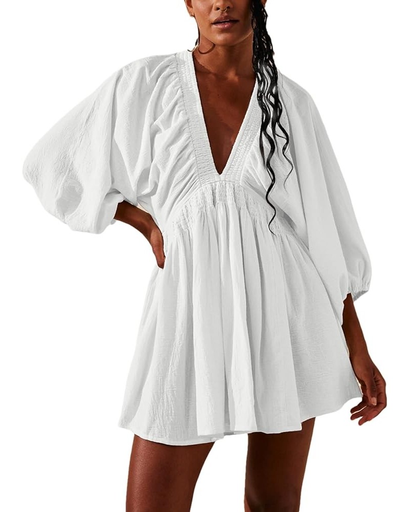 Women's Sexy Long Sleeve V Neck Tunic Dress Casual Loose Flowy Mini Swing Shift Dresses White $22.22 Dresses